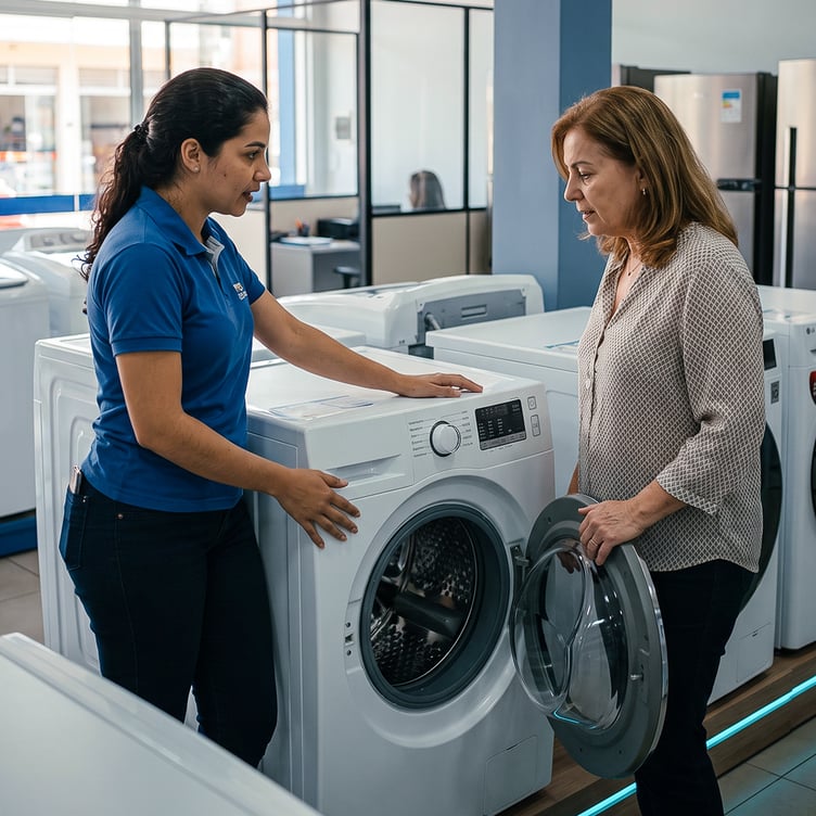 Funcionária apresenta uma lavadora a uma cliente em uma loja de eletrodomésticos.