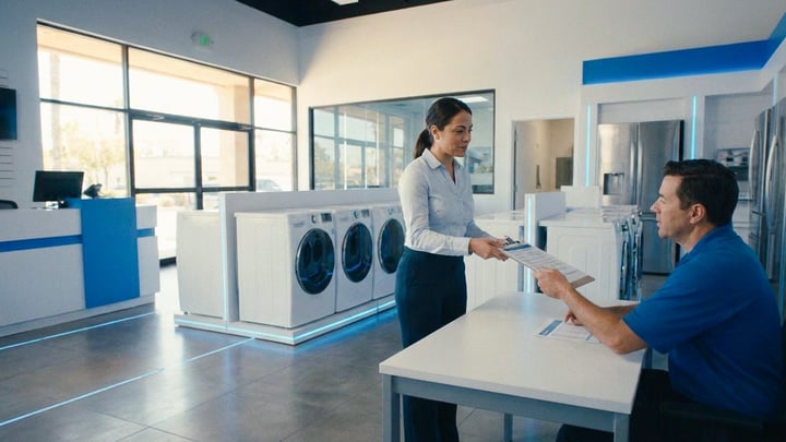 Atendimento em loja de eletrodomésticos, com uma cliente e uma funcionária conversando junto a uma lavadora.