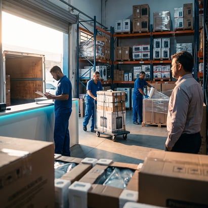 Funcionários organizam caixas e mercadorias em um depósito, enquanto um cliente observa a operação.